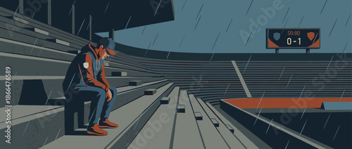 Defeated young athlete in a hoodie sits alone on the grandstand of a rainy stadium, feeling disappointed after the final match with a losing score on the display