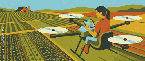 Female farmer operating a large quadcopter drone with a tablet to analyze crop data over a vast agricultural field in a modern flat illustration style