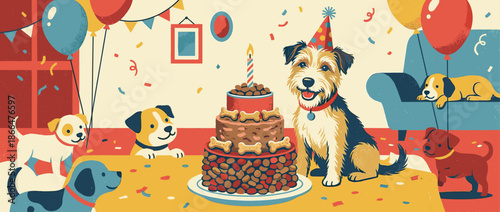 Happy terrier dog wearing a colorful party hat celebrates its birthday with a large cake made of treats and kibble surrounded by other cute puppies in a festive illustrated scene