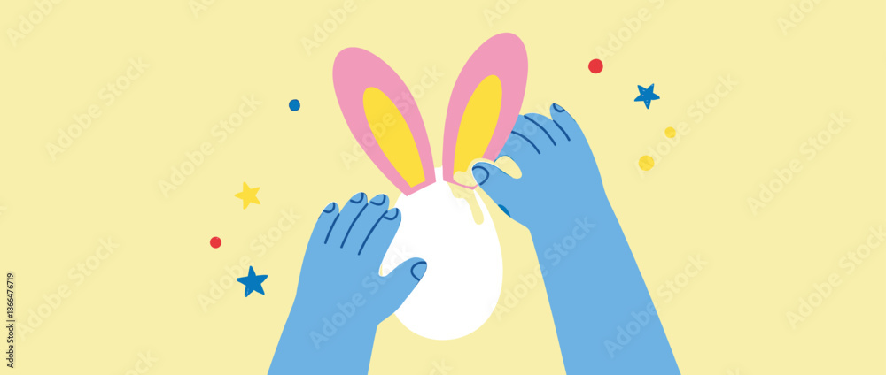 Fototapeta premium White Easter egg with pink bunny ears is held by two blue hands in a festive, colorful, and playful flat vector illustration with decorative stars and dots