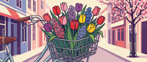 Colorful bouquet of fresh spring tulips and hyacinths fills a bicycle basket parked on a charming city street with a blossoming tree in a vibrant graphic illustration