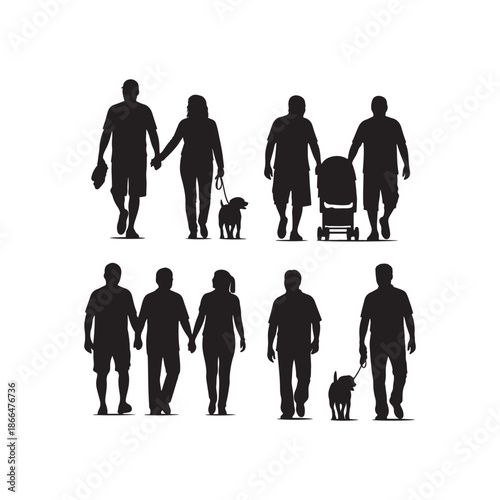 People Walking Silhouette Set Vector Illustration