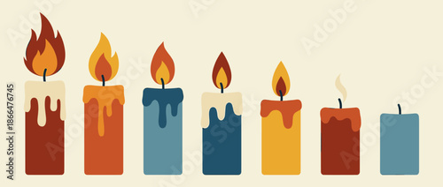Set of seven colorful burning candles shows the progression of time from a full flame to an extinguished wick in a flat, retro vector illustration with warm tones