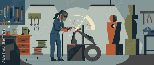 Female welder in a protective mask and blue overalls uses a torch to create a modern metal sculpture in a busy industrial art studio with various tools