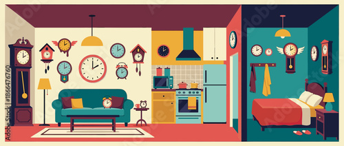 Flat vector illustration of a house cross-section with a living room, kitchen, and bedroom, all filled with numerous clocks in a vintage, colorful, and whimsical style