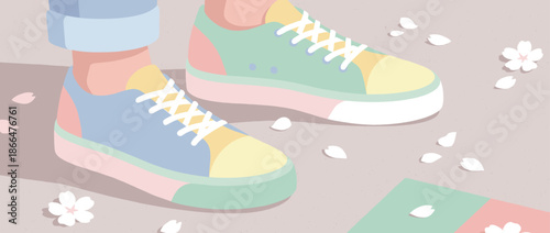 Pair of colorful pastel sneakers with white laces on a person's feet standing on the ground among fallen cherry blossom petals in a minimalist illustration