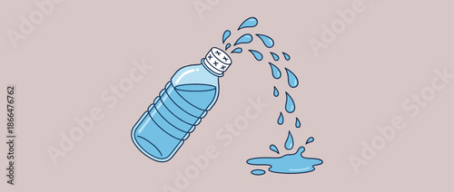 Simple cartoon plastic water bottle spilling fresh blue liquid, with drops splashing out and forming a puddle in a clean, minimalist vector illustration style
