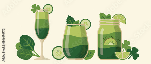 Three different green healthy smoothies in a glass, jar, and flute, a festive St. Patrick's Day illustration with kiwi, lime, spinach, mint, and shamrock decorations