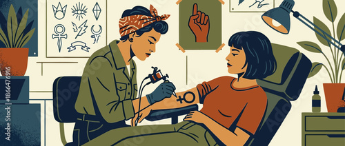 Illustrated female tattoo artist in a green shirt and bandana uses a machine to ink a feminist symbol on a calm client's upper arm in a creative studio