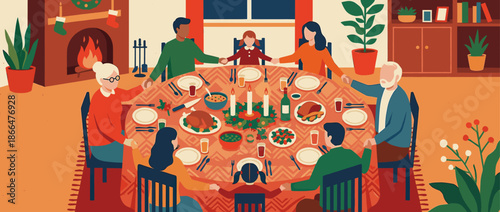 Large multi-generational family holding hands together in prayer around a festive dinner table celebrating a traditional holiday meal in a warm and cozy home with a fireplace