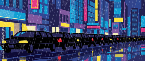 Long row of identical black cars waits in a traffic jam on a rainy night in a bustling metropolis with colorful building lights reflecting on the wet street