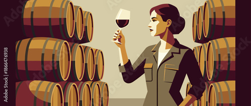 Professional female sommelier holding a glass of red wine inspects its quality in a traditional cellar surrounded by stacked wooden barrels in a graphic vector art style