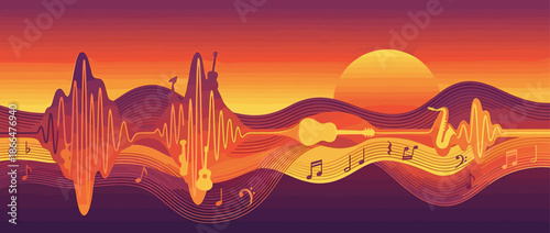 Abstract musical sound wave with instrument silhouettes including guitars and a saxophone creates a vibrant, flowing landscape with notes under a warm sun