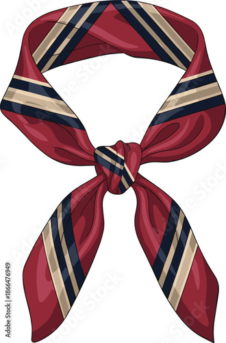 Red striped fashion scarf tied in elegant knot, realistic flat vector illustration for women accessories, neckwear styling, apparel design, and modern textile concepts