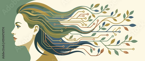 Stylized illustration of a woman's profile with flowing hair transforming into a network of electronic circuits and organic plant branches, symbolizing a fusion of technology and nature