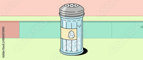 Cute cartoon salt shaker character with a funny expression is filled with salt crystals and has a label with a smiling crystal mascot in a whimsical, pastel-colored illustration