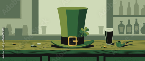 Green leprechaun top hat with a gold buckle and shamrock sits on a wooden pub counter next to a pint of stout, a pipe, and gold coins for a festive holiday celebration