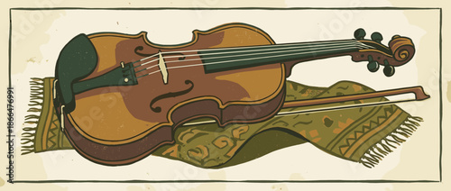 Vintage style illustrated wooden violin and bow rest on a patterned folk art textile, a charming musical still life with a rustic, hand-drawn aesthetic and distressed texture