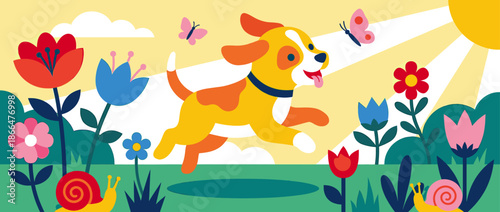 Playful yellow and orange puppy with a blue collar leaps through a colorful garden filled with flowers, butterflies, and snails under a bright sun