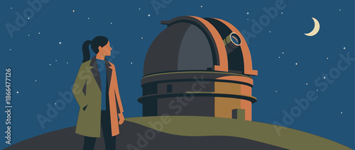Female astronomer in a coat stands next to a large astronomical observatory on a hill at night, gazing at the starry sky with a crescent moon in a flat vector illustration