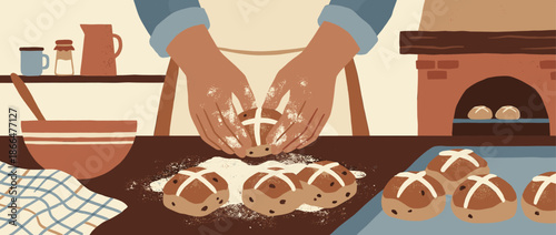 Traditional hot cross buns being prepared by a baker's hands dusted with flour in a cozy rustic kitchen scene with a brick oven for a holiday celebration