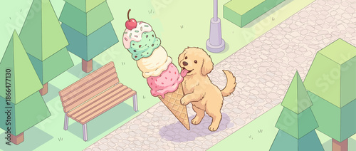 Cute golden retriever puppy happily carries a giant three-scoop ice cream cone with a cherry on top through a park in a charming isometric cartoon illustration