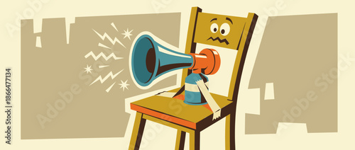 Loud cartoon megaphone taped to a scared wooden chair makes a noisy announcement in a retro illustration style representing protest and communication