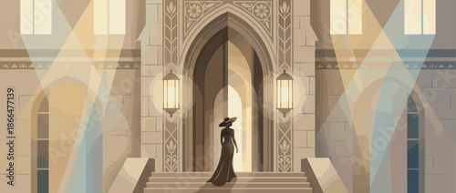 Solitary woman's silhouette in a hat and gown ascends stone steps toward a majestic gothic archway in a mysterious, cinematic illustration with dramatic warm lighting