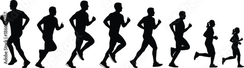 Running people silhouettes sequence showing jogging and sprinting poses, black minimalist flat vector illustration for fitness, sport, exercise, and healthy lifestyle design