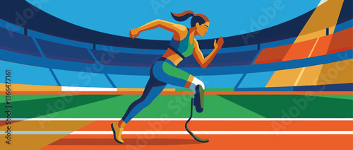 Determined female para-athlete with a prosthetic leg sprinting on a running track inside a large stadium during a competition, shown in a vibrant graphic illustration style