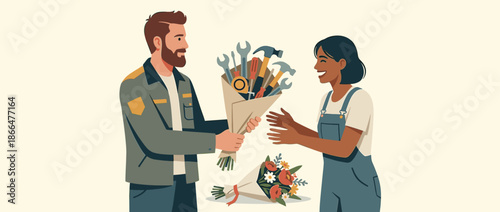 Bearded man gives a smiling woman an unconventional bouquet of hardware tools, a humorous and creative gift celebrating their shared interests in a modern flat vector illustration