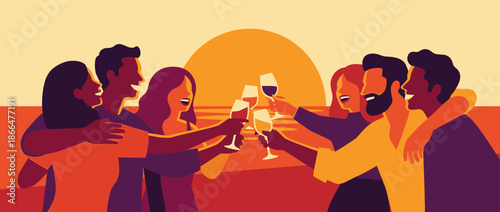 Diverse group of happy young friends celebrating together and toasting with wine glasses during a beautiful warm sunset in a flat vector illustration style