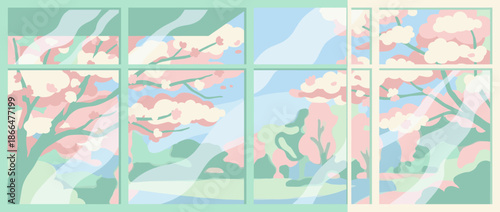 Large green window with multiple panes showing a beautiful spring landscape with pink blossoming cherry trees, depicted in a soft and serene flat illustration style