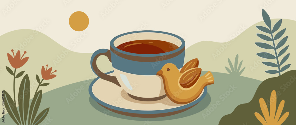 Obraz premium Blue and beige ceramic cup of coffee with a bird-shaped cookie on its saucer sits in a serene, illustrated landscape with rolling hills, flowers, and a warm sun