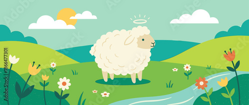 Cute white fluffy sheep with a halo stands peacefully in a beautiful spring landscape with rolling green hills, colorful flowers, and a flowing river under a sunny sky