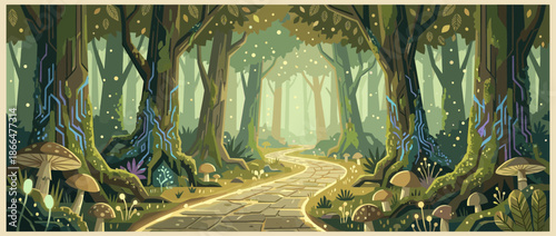 Magical forest path winds through an enchanted wood with ancient trees, glowing mushrooms, and ethereal light, creating a serene and mystical fantasy landscape illustration
