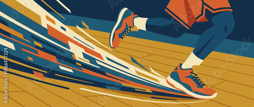Basketball player's legs in sneakers running fast on a court, depicted in a dynamic, stylized illustration with abstract motion lines and a retro color palette
