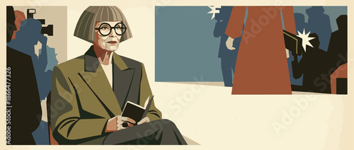 Stylish senior woman with a bob haircut and large glasses sits calmly holding a book amidst a crowd of photographers at a public event in a retro graphic illustration style