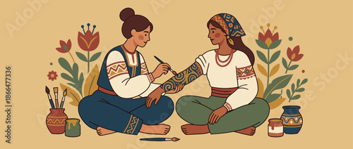 Two women in traditional ethnic clothing sit together as one paints an intricate spiral ornament on the other's arm, a folk art illustration capturing a creative cultural practice