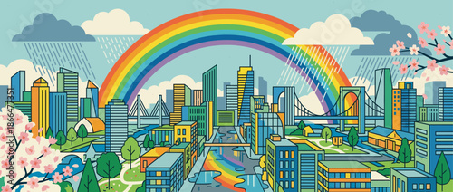 Colorful cityscape illustration with a vibrant rainbow arching over modern skyscrapers and a bridge during a spring shower, with blooming cherry blossom trees