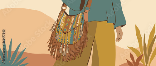Colorful bohemian fringe shoulder bag with ethnic patterns, tassels, and beads worn by a stylish woman in a minimalist, earth-toned abstract landscape