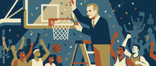 Smiling man in a suit stands on a ladder cutting down the basketball net with scissors after a championship victory as the crowd and players cheer below with falling confetti