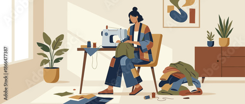 Stylish woman in a patchwork jacket and pants sits at a table sewing, practicing sustainable living by upcycling and mending old clothes in a bright room