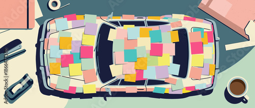 Vintage toy car covered in colorful blank sticky notes is shown in a stylized top-down illustration on a busy office desk with coffee and supplies