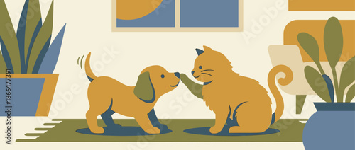 Cute puppy and a friendly kitten touching paws in a high five gesture inside a cozy living room, a modern flat vector illustration with a warm and muted color palette