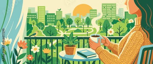 Woman in a cozy yellow sweater sits on her balcony holding a steaming mug of coffee and enjoying the tranquil morning sunrise view over a green city park