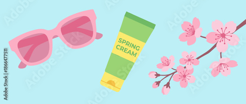 Pink sunglasses a green tube of cream and a blooming cherry blossom branch arranged in a colorful flat lay illustration representing spring skincare and seasonal beauty