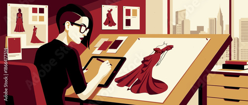 Focused female fashion designer with glasses and an undercut hairstyle draws a red evening gown on a digital tablet at her desk in a modern studio with a city view