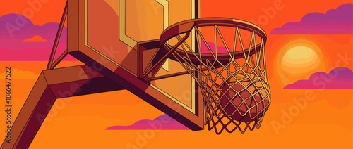 Basketball scoring a point through a hoop and net during a beautiful, warm sunset with purple clouds in a vibrant vector illustration style, viewed from a low angle