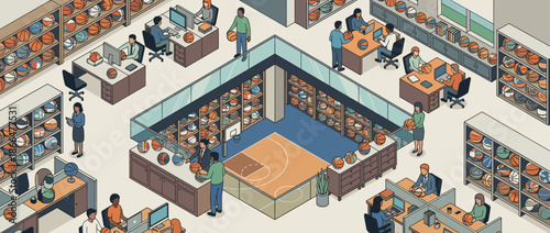 Surreal isometric illustration of a busy corporate office where employees work diligently among shelves filled with basketballs and a central court